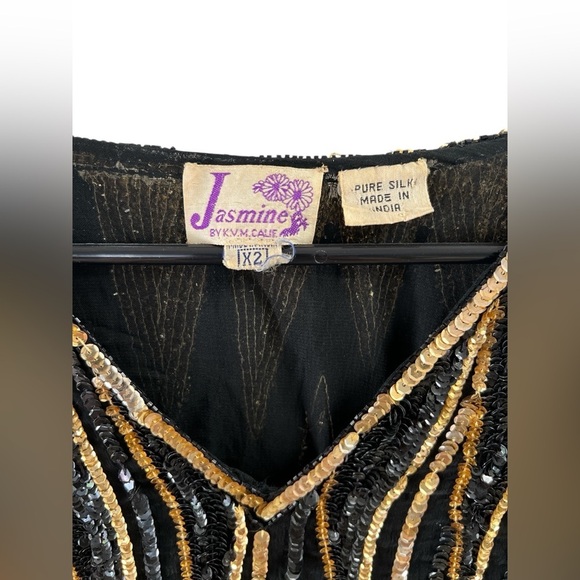 Silk sequin gold and black long sleeve blouse - Picture 3 of 6